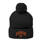 Embroidered Pom-Pom Knit Cap — 'Cupid' Orange Logo Beanie