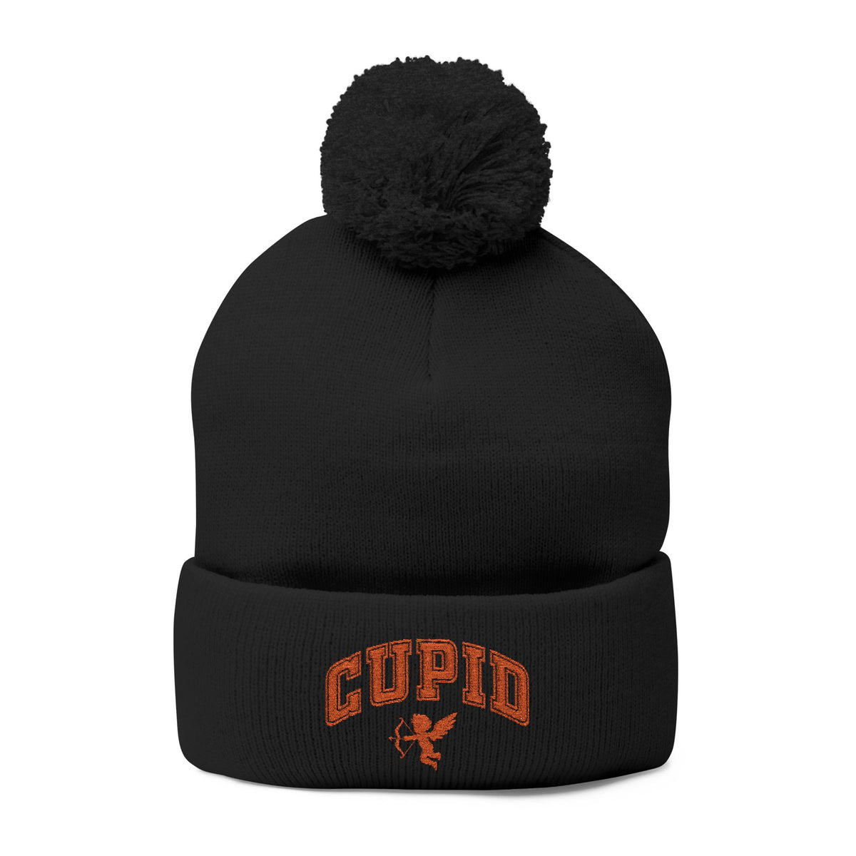 Embroidered Pom-Pom Knit Cap — 'Cupid' Orange Logo Beanie