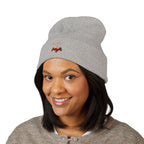 Embroidered Heart & Bat Cuffed Beanie — Cute Gothic Valentine Knit Hat