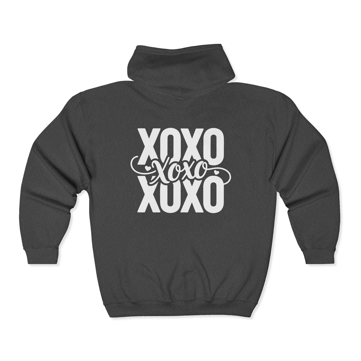 XOXO Script Zip Hoodie – Black Full‑Zip Sweatshirt with Bold Back Graphic