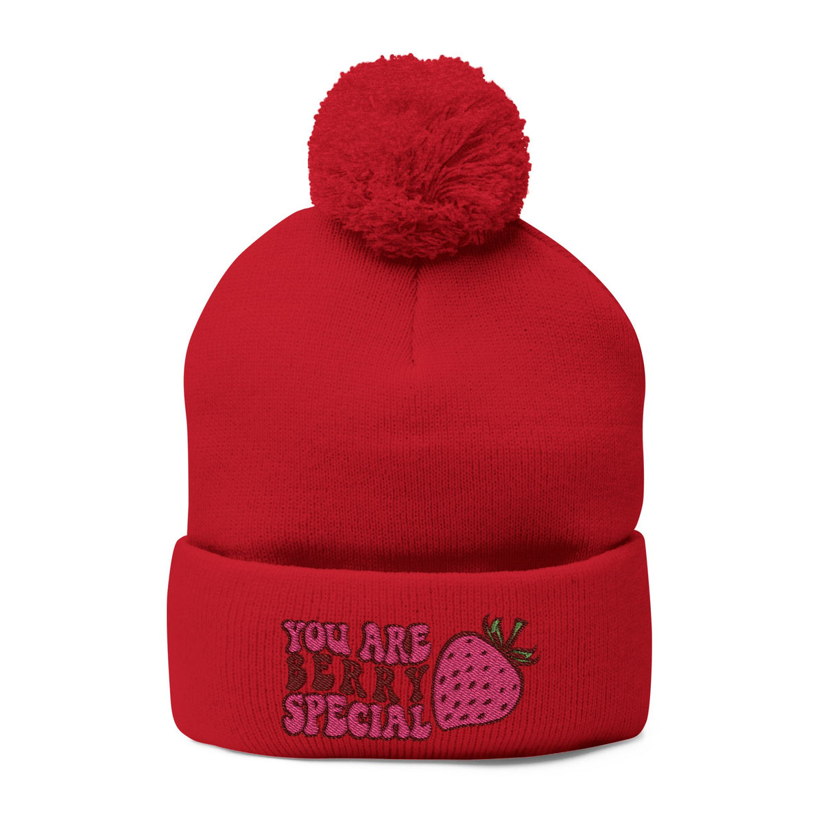Embroidered Pom-Pom Beanie — "You Are Berry Special" Cute Strawberry Knit Hat