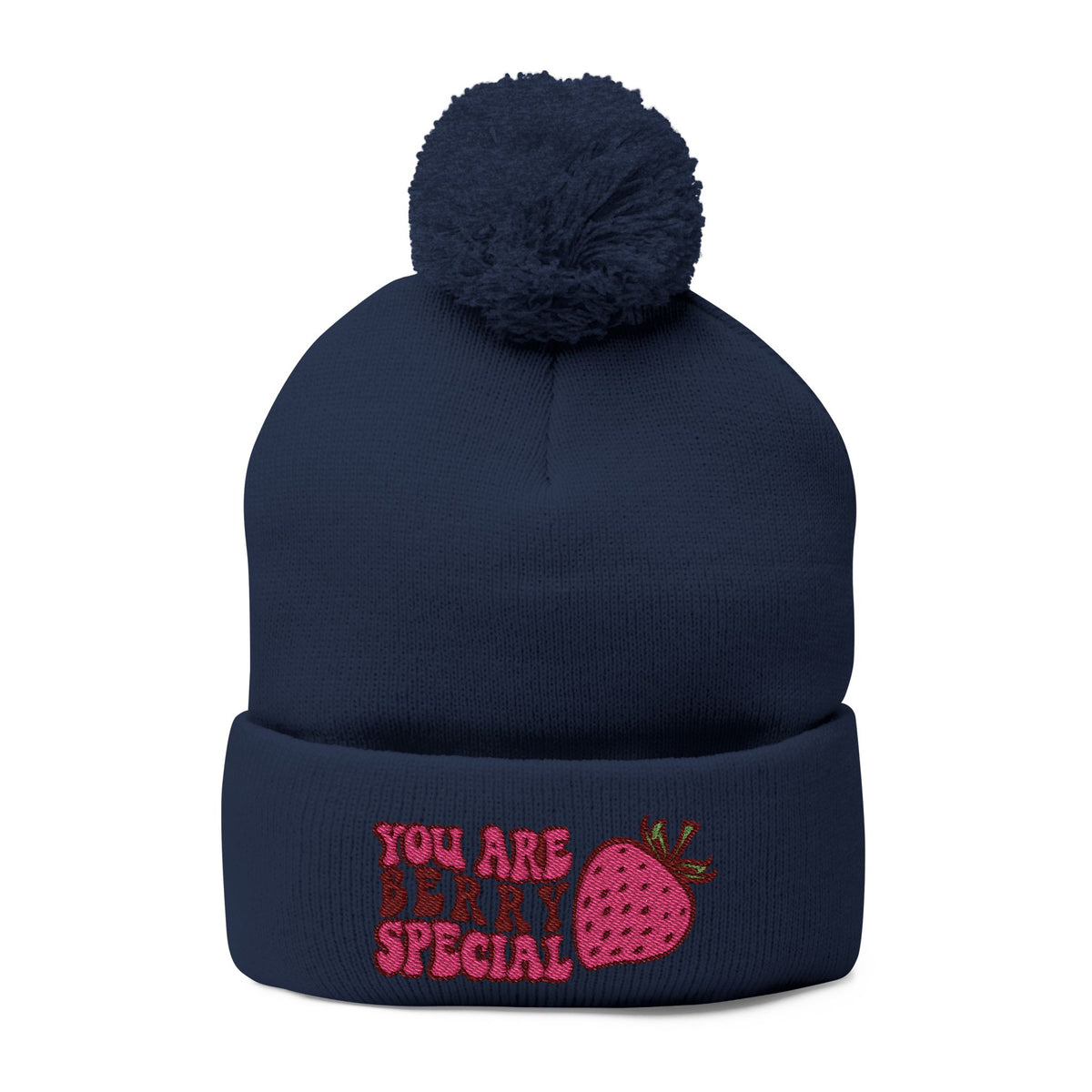 Embroidered Pom-Pom Beanie — "You Are Berry Special" Cute Strawberry Knit Hat