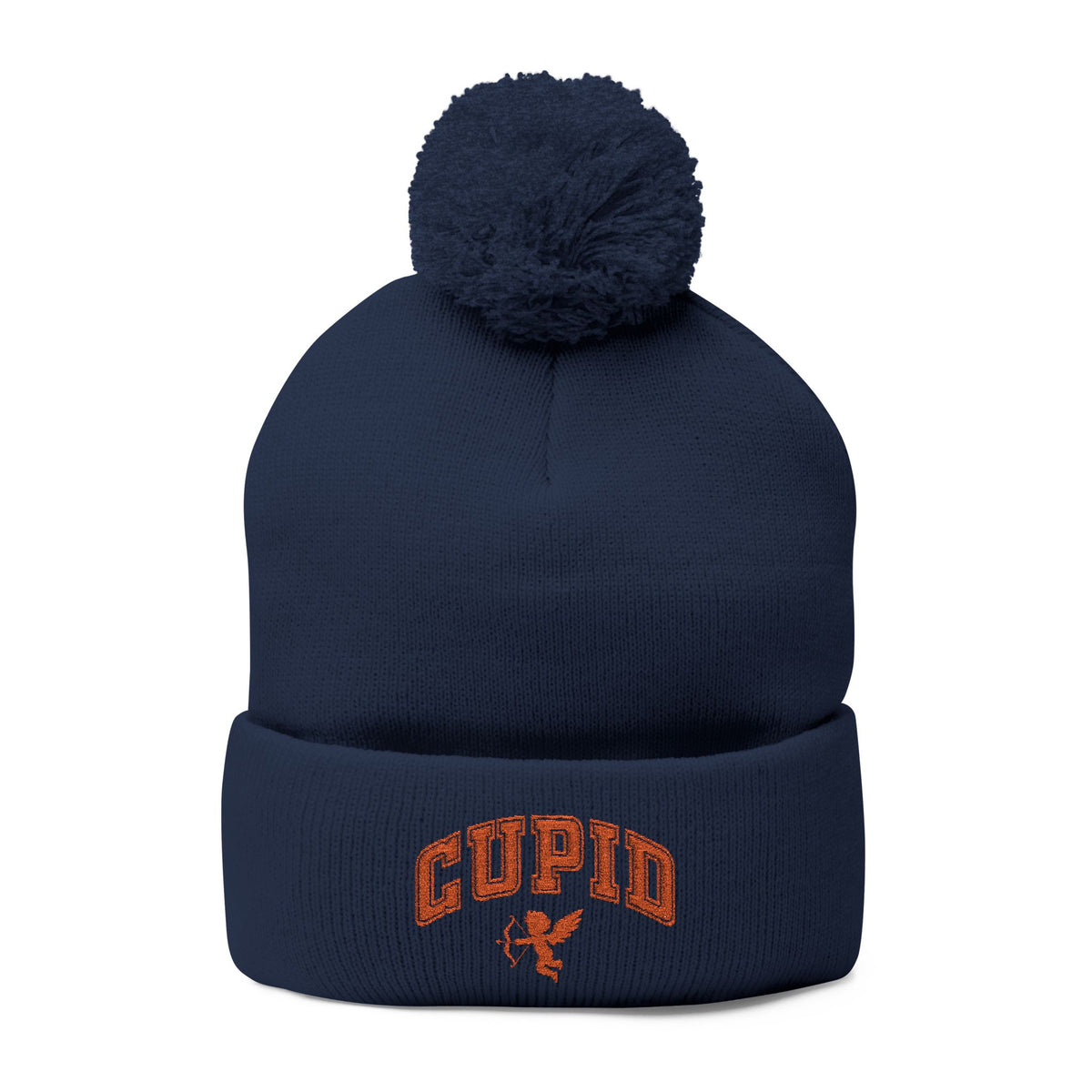 Embroidered Pom-Pom Knit Cap — 'Cupid' Orange Logo Beanie
