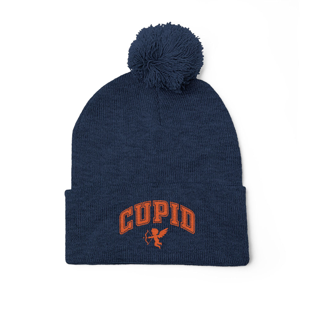 Embroidered Pom-Pom Knit Cap — 'Cupid' Orange Logo Beanie