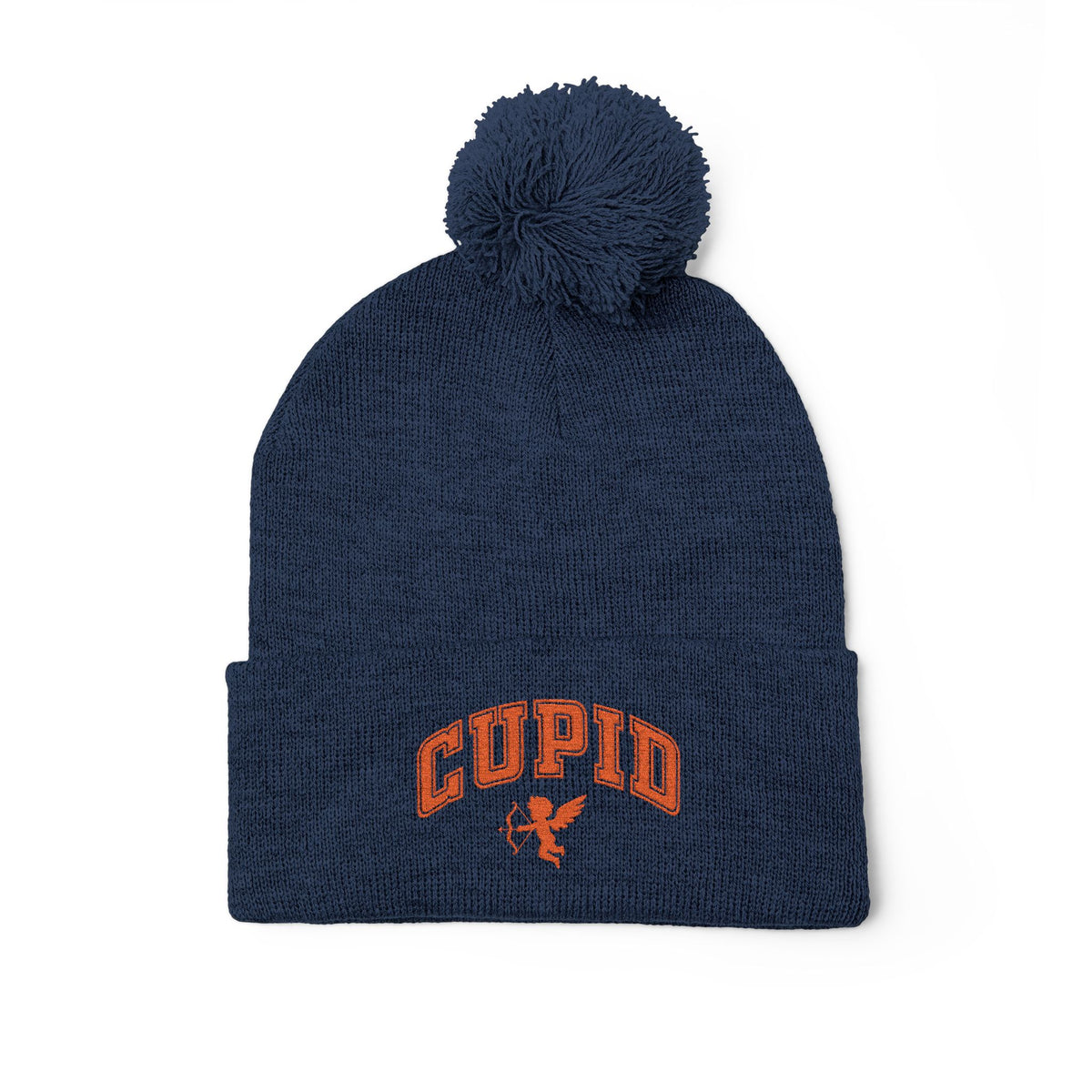 Embroidered Pom-Pom Knit Cap — 'Cupid' Orange Logo Beanie