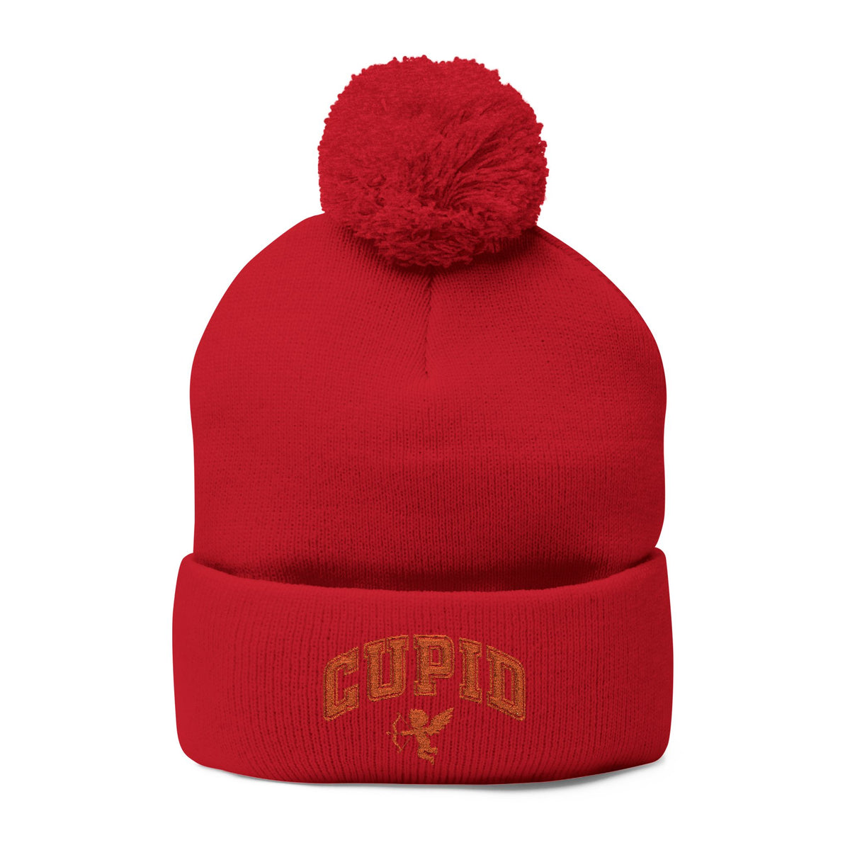 Embroidered Pom-Pom Knit Cap — 'Cupid' Orange Logo Beanie
