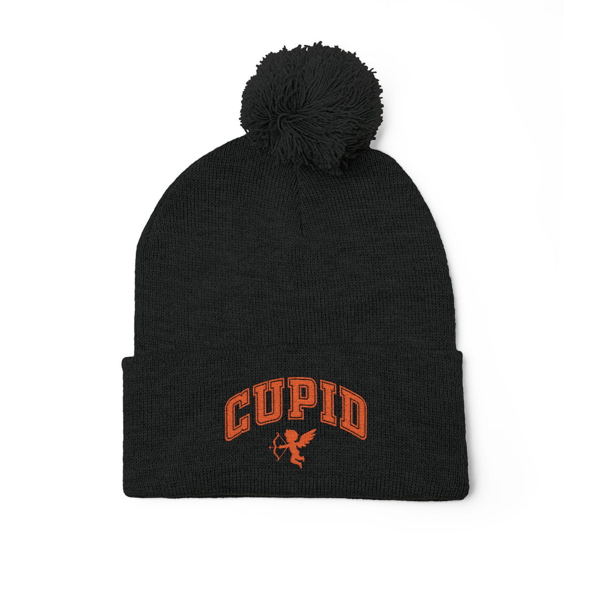 Embroidered Pom-Pom Knit Cap — 'Cupid' Orange Logo Beanie