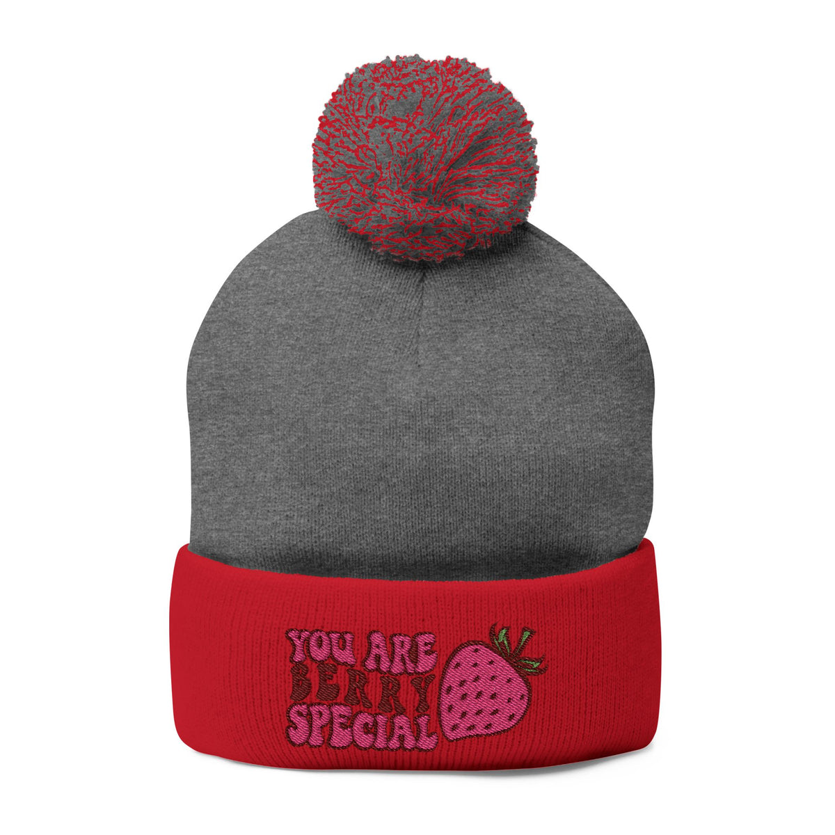 Embroidered Pom-Pom Beanie — "You Are Berry Special" Cute Strawberry Knit Hat