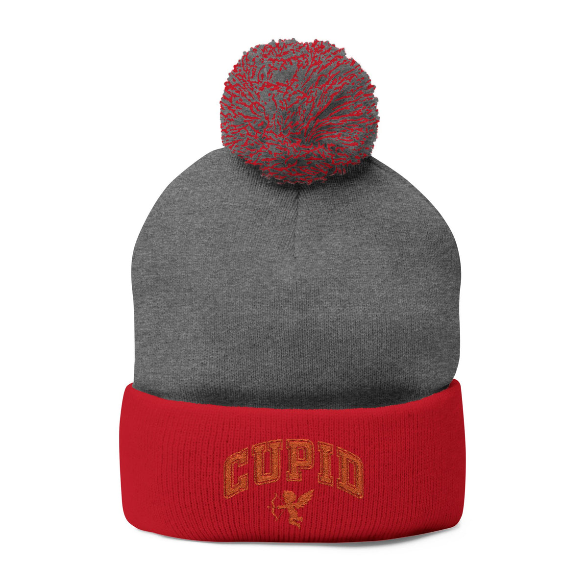 Embroidered Pom-Pom Knit Cap — 'Cupid' Orange Logo Beanie