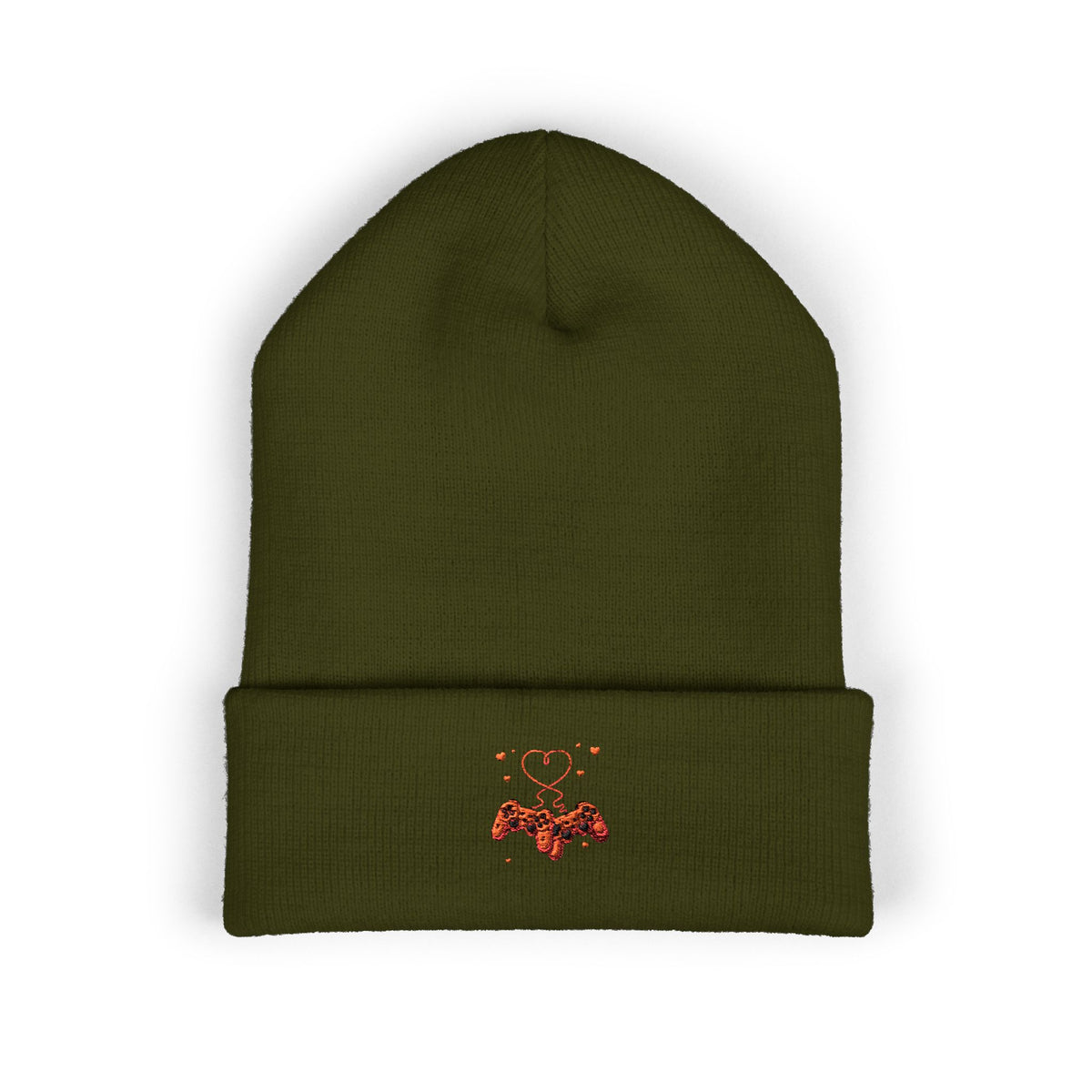 Embroidered Heart & Bat Cuffed Beanie — Cute Gothic Valentine Knit Hat