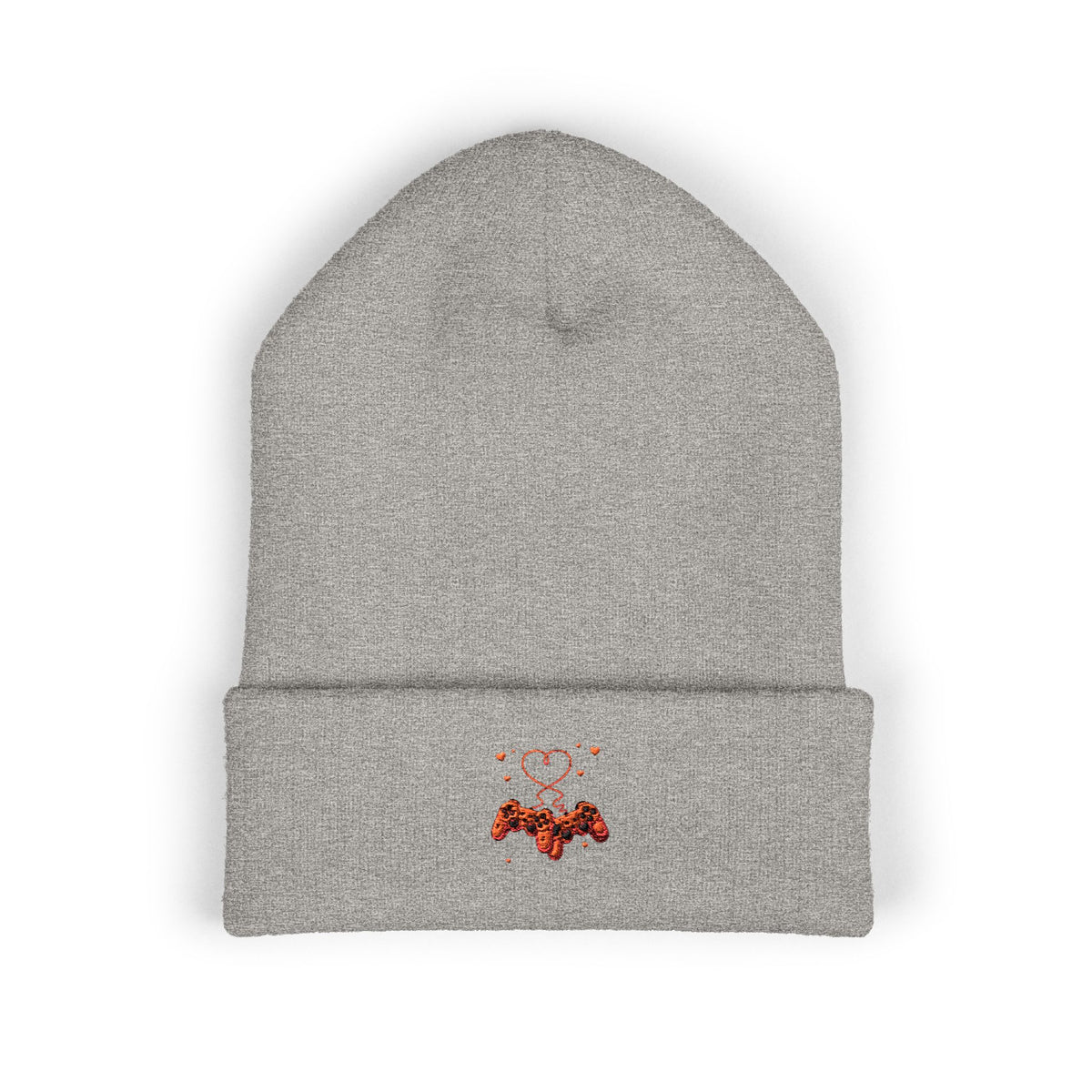 Embroidered Heart & Bat Cuffed Beanie — Cute Gothic Valentine Knit Hat
