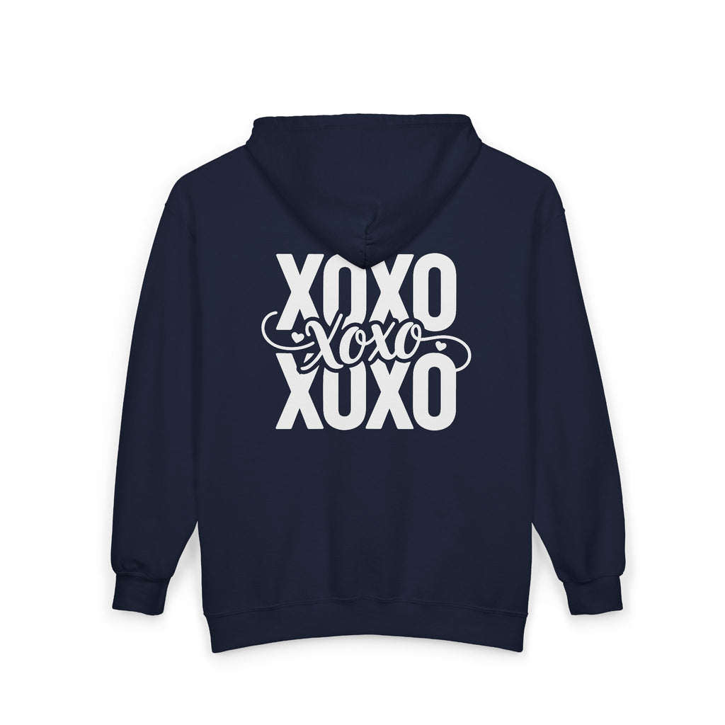 XOXO Script Zip Hoodie – Black Full‑Zip Sweatshirt with Bold Back Graphic