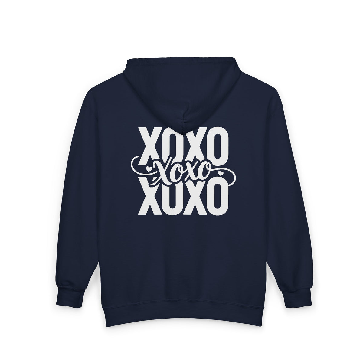 XOXO Script Zip Hoodie – Black Full‑Zip Sweatshirt with Bold Back Graphic