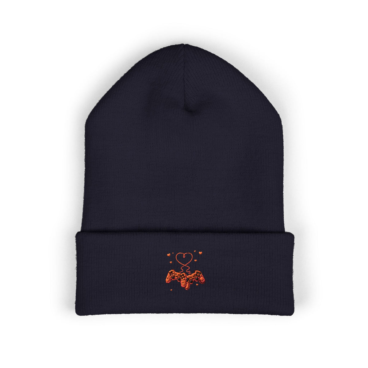 Embroidered Heart & Bat Cuffed Beanie — Cute Gothic Valentine Knit Hat