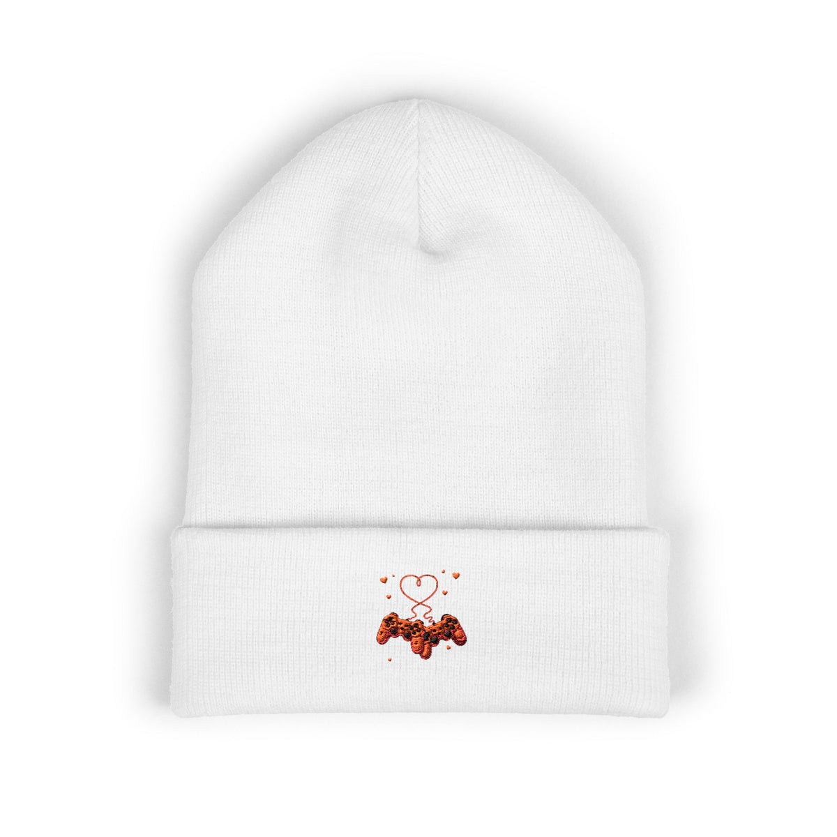 Embroidered Heart & Bat Cuffed Beanie — Cute Gothic Valentine Knit Hat
